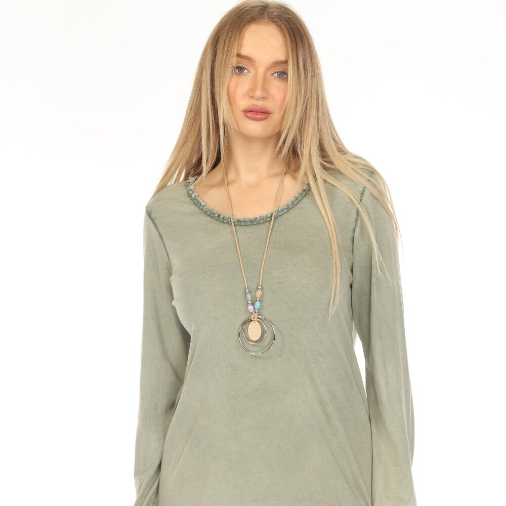 Olive 100% Cotton Fringe Neck Top